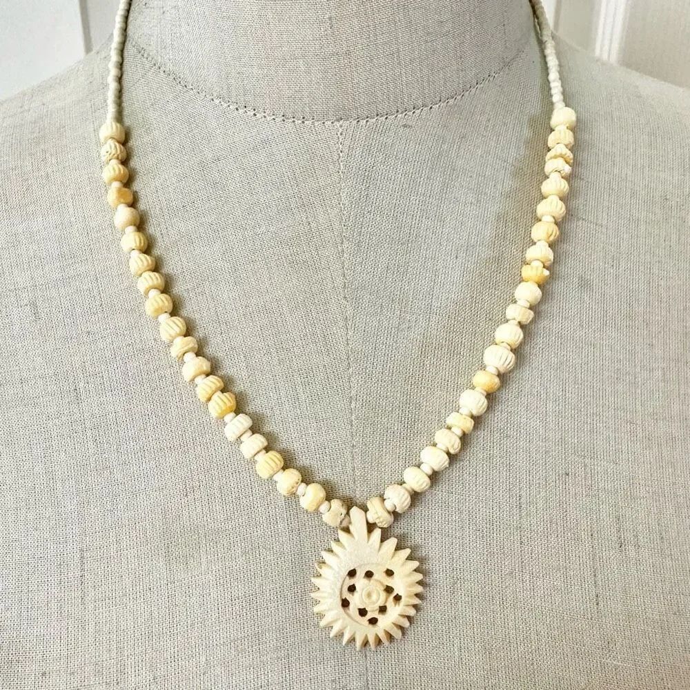 Bone beaded vintage carved necklace